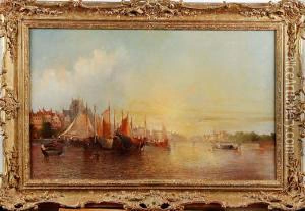 Hollandskt Hamnmotiv Med Segelfartyg Oil Painting - Clifford Montague