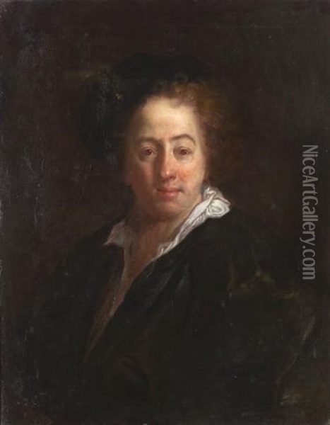 Portrait Of A Gentleman, Bust-length, In A Black Coat With A White Chemise And A Black Feathered Hat Oil Painting - Alexis Grimou