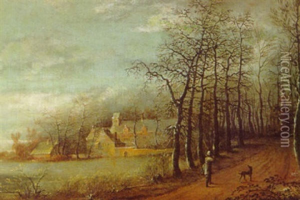 A Sportsman And His Dog On A Tree-lined Road, A Mansion On A Lake Beyond Oil Painting - Frans de Momper