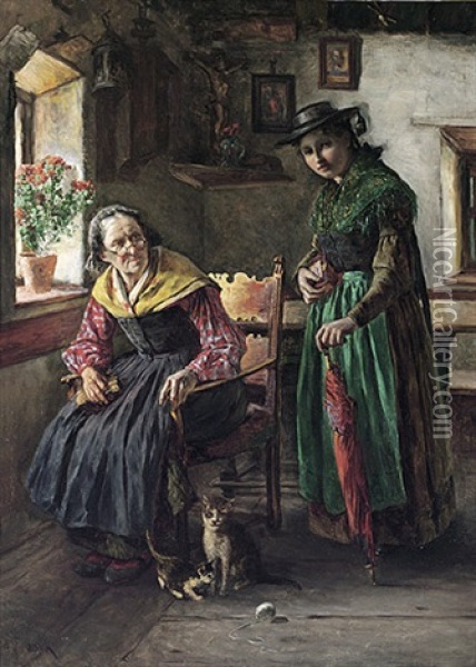 Grosmutter Und Enkelin In Tracht In Der Guten Stube Eines Bauernhauses Oil Painting - Alfred Jirasek