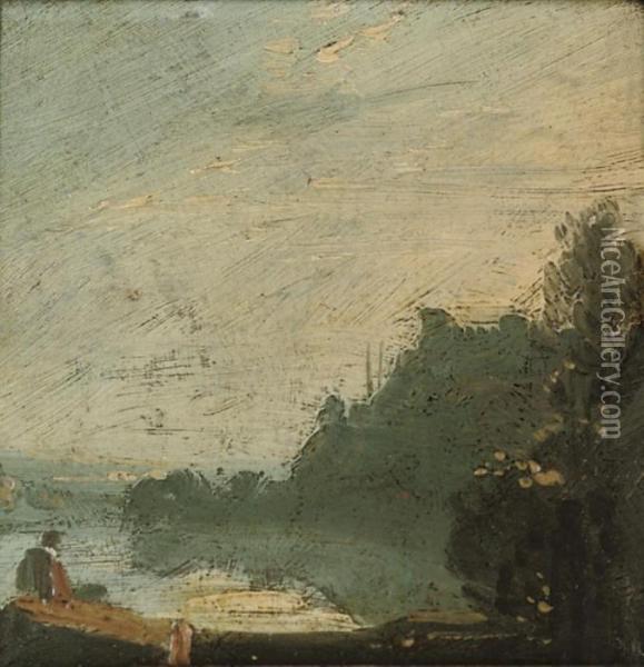 A Wooded River Landscape With A Figure On The Bank: A Sketch Oil Painting - Richard Wilson