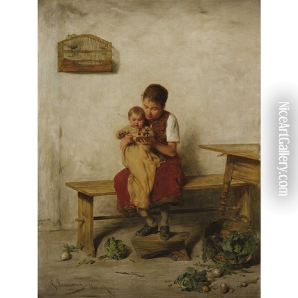 Geschwisterpaar Mit Spielzeugfiguren Oil Painting - Gustav Laeverenz