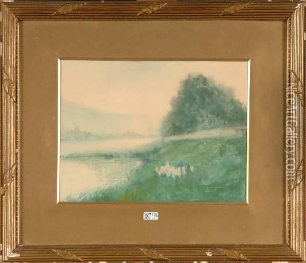 Berger Et Son Troupeau Au Bord Du Lac Oil Painting - Maurice Hagemans