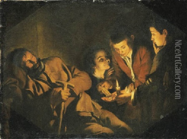 Boys Robbing A Sleeping Old Man By Candlelight Oil Painting - Pedro Nunez De Villavicencio