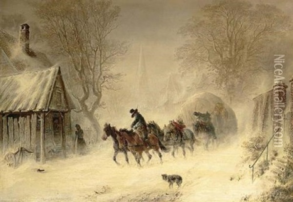 A Mail-coach In The Snow Oil Painting - Hermann Kauffmann the Elder