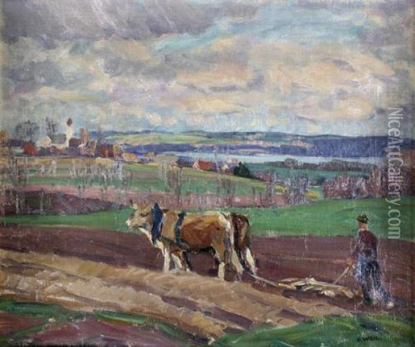 Pflugender Bauer In Voralpenlandschaft Oil Painting - Otto Weil