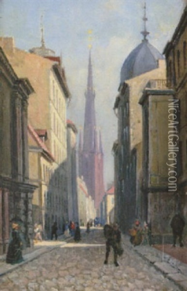 St. Clara Norra Kyrkogata Med Kyrkans Nya Torn Fardigbyggt Ar 1886 Oil Painting - Gustaf Wilhelm Palm
