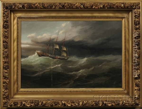 Clipper Ship In Rough Sea With Approaching Storm Oil Painting - Herman R. Dietz
