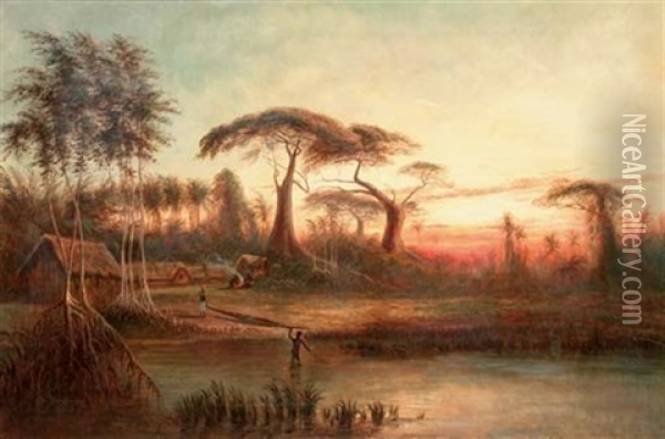 A Riverside Village In The Jungle At Sunset Oil Painting - Eduard Hildebrandt