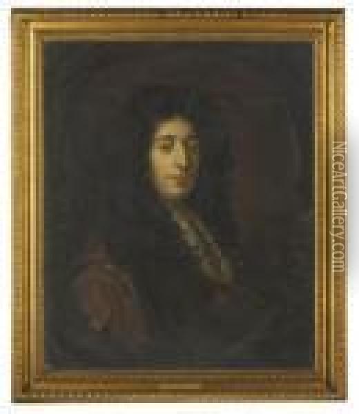 Portrait Of A Gentleman, 
Traditionally Identified As Henry Sidney, 1st Earl Of Romney 
(1641-1704), Bust-length, With A Lace Stock, In A Feigned Oval Oil Painting - William Wissing or Wissmig