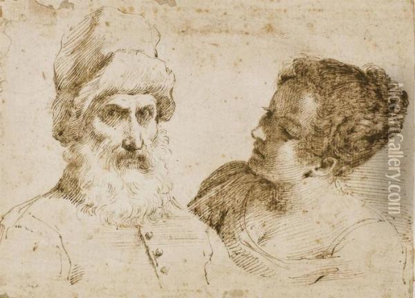 A Bearded Man, Half-length, Wearing A Hat, And A Young Woman Oil Painting - Guercino