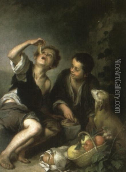 Urchins Eating A Pie Oil Painting - Bartolome Esteban Murillo