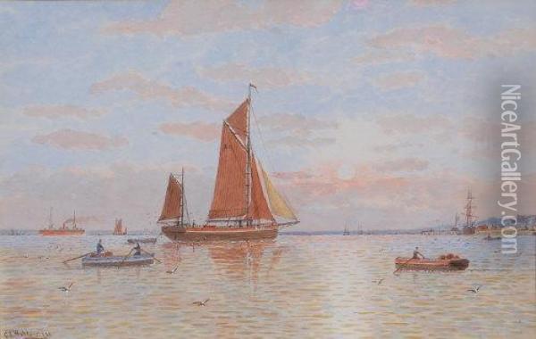 Boats Off Yarmouth At Sundown Oil Painting - George Stanfield Walters