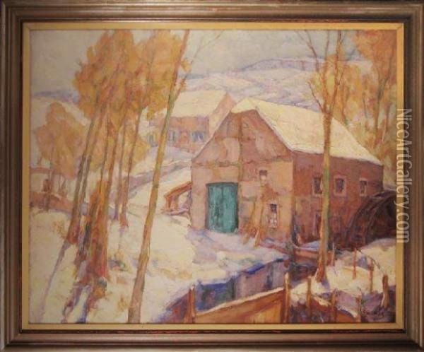 Moulin A Eau Et Maisonsous La Neige. Oil Painting - Georges Haway