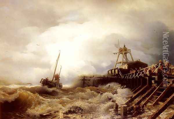 A Fishing Boat Caught In A Squall Off A Jetty Oil Painting - Andreas Achenbach