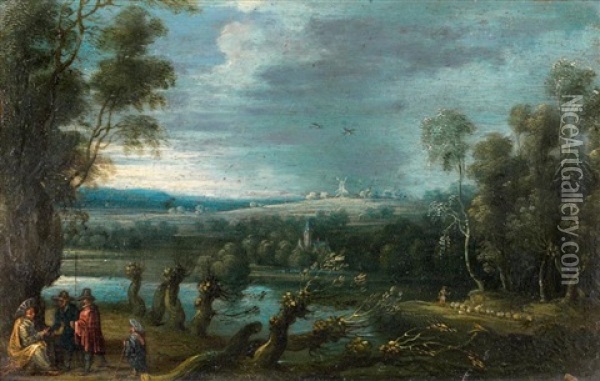Paysage De Campagne Traverse Par Une Riviere Avec, A Gauche, Deux Villageois Consultant Un Bohemien Oil Painting - Jan Brueghel the Elder