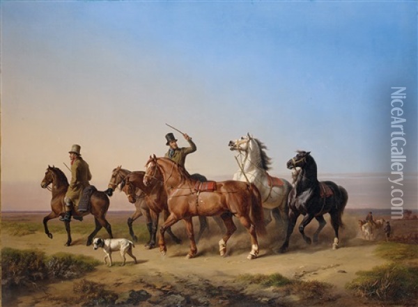 Cavaliers Conduisant Leur Monture Oil Painting - Charles Philogene Tschagenny