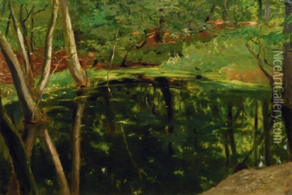Lake In A Forest Oil Painting - Max Hoenow