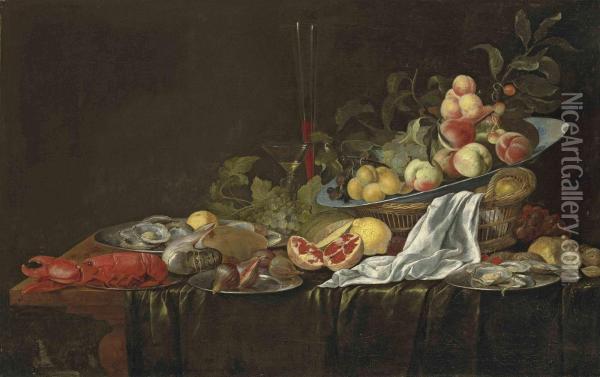 A Lobster, A Nautilus, Figs, Oysters, A Split Pomegranate, Aporcelain Bowl With Plums, Peaches And Grapes In A Basket, Glassesand A White Cloth Oil Painting - Jasper Geeraerts
