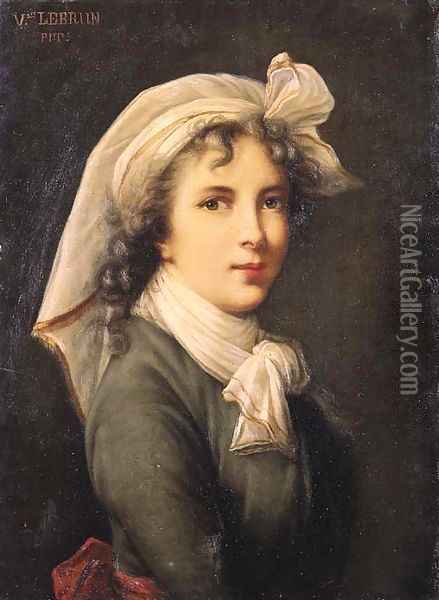 Portrait of the artist, small half length, wearing a green costume with red belt, white scarf and white headdress Oil Painting - Elisabeth Vigee-Lebrun