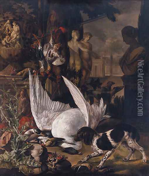A spaniel guarding dead birds amongst garden statuary in a park landscape Oil Painting - Jan Weenix