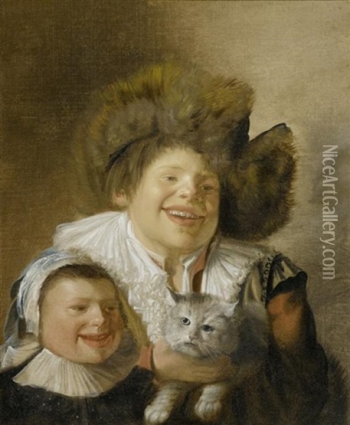 Zwei Kinder Mit Einer Katze Oil Painting - Jan Miense Molenaer