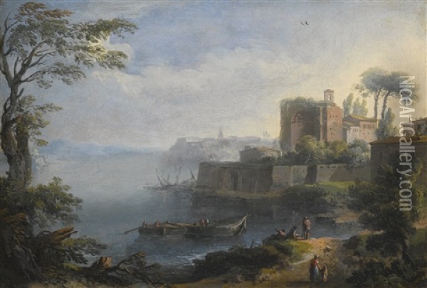 An Italianate Coastal Landscape, With Ruins Above A Fortified Wall, And Figures In Boats And On A Path In The Foreground Oil Painting - Paolo Anesi