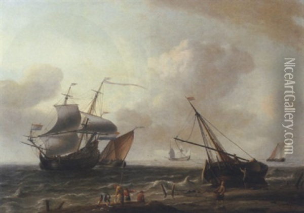 Sailing Ships Off The Coast With A Two Master Making Way, Fishermen On The Beach In The Foreground Oil Painting - Aernout (Johann Arnold) Smit