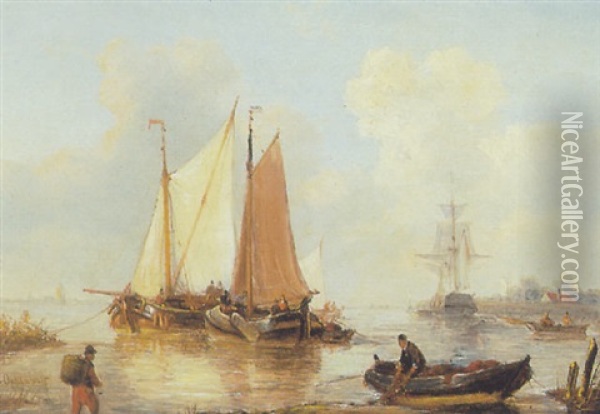 Sailing Vessels Near The Coast Oil Painting - George Willem Opdenhoff