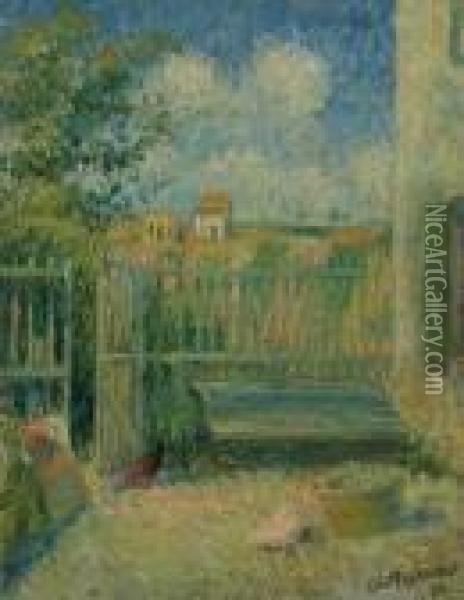 La Cour De La Maison Rondest, Pontoise Oil Painting - Camille Pissarro