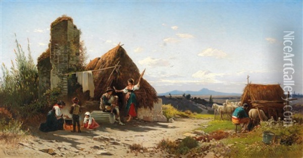 A Scene Of Daily Life In The Roman Campagna Oil Painting - Hermann David Salomon Corrodi
