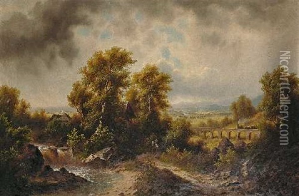 Landschaft Mit Eisenbahnbrucke Oil Painting - Josef Burgaritzky