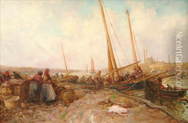 Scilly Isletrawlers Unloading Their Catch On The Fish Quay Oil Painting - William Edward Webb
