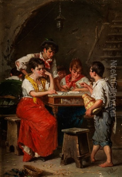 Neapolitanische Familie In Einem Gewolbe An Einem Tisch Oil Painting - Francesco Peluso