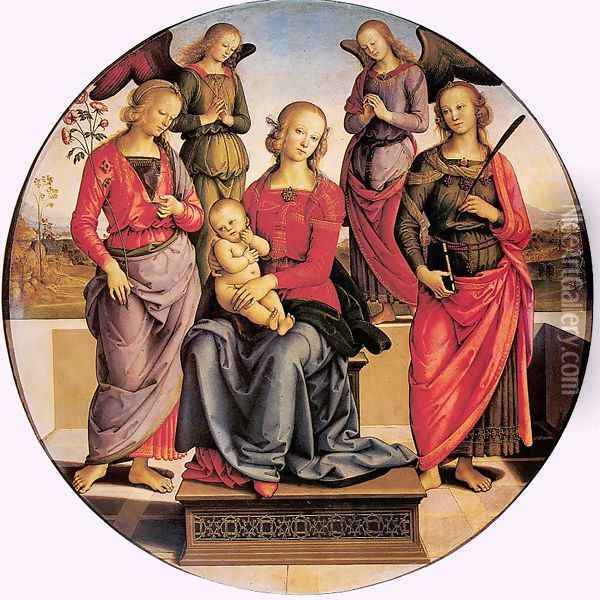 Madonna Enthroned with Child and two Saints (Madonna in trono col Bambino e due sante) Oil Painting - Pietro Vannucci Perugino