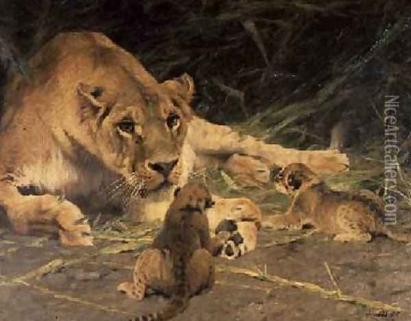 A Lioness and Her Cubs Oil Painting - Wilhelm Kuhnert