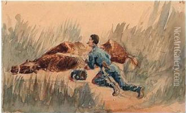 Manoeuvre De Cavalerie (recto); Paysan Assis (verso) Oil Painting - Henri De Toulouse-Lautrec