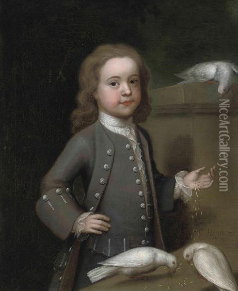 Portrait Of Master Harry Spark Patterson (1725-1764),three-quarter-length, In A Grey Coat, Feeding Three Doves On Aledge Oil Painting - John Theodore Sen Heins