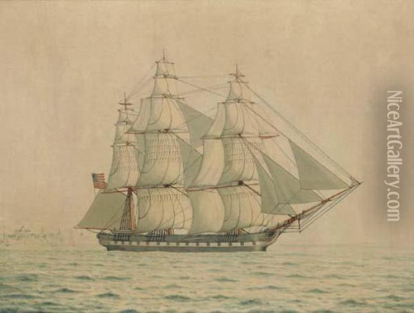An American Frigate Off A Coast Oil Painting - Lucius A. Briggs