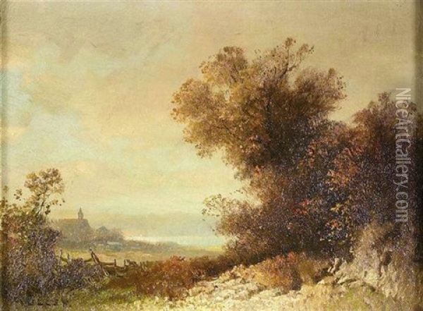 Herbstliche Landschaft. Im Hintergund Ein Kirchdorf An Einem See Oil Painting - Oskar Mulley