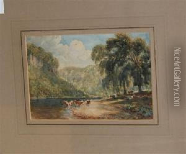 River Landscape With Cattle Watering Oil Painting - William Havell