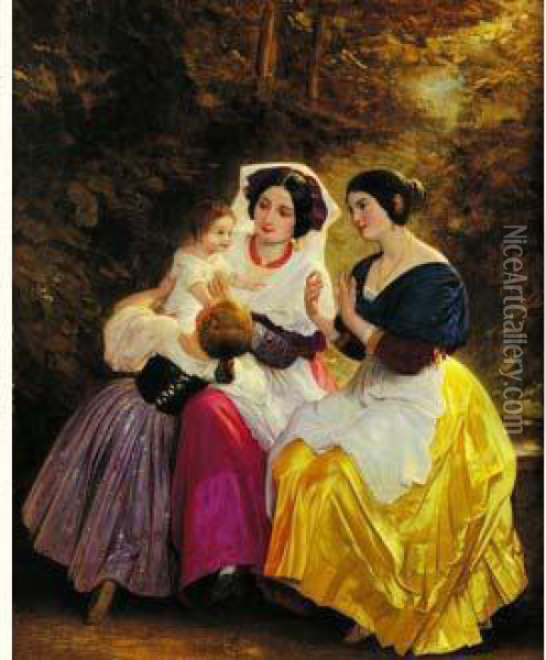 Deux Jeunes Femmes Jouant Avec Des Enfants Dans Un Sous Bois Oil Painting - August Riedel