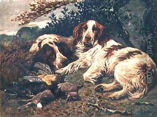 A Pair of Liver and White Clumber Spaniels by the Days Bag Oil Painting - John Emms
