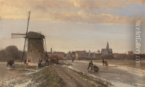 Vue De Maassluis En Hiver Oil Painting - Johan Barthold Jongkind