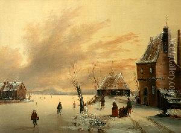 Figures On A Frozen Lake Beside Cottages Oil Painting - Aert van der Neer