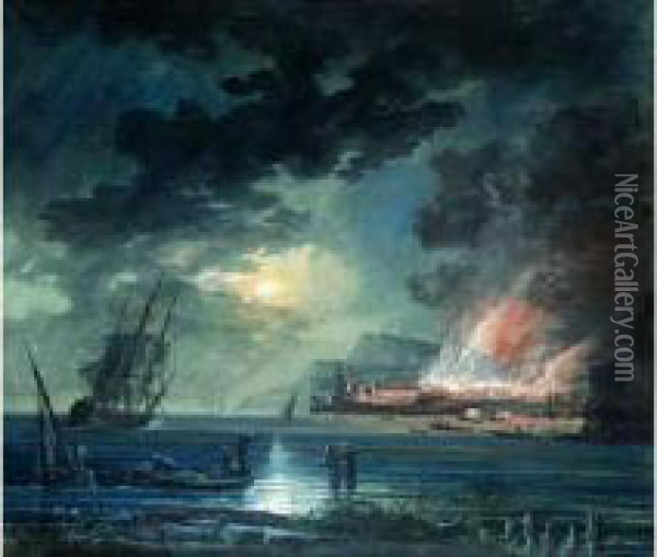 Scene D'incendie Dans Un Port Mediterraneen Oil Painting - Alexandre-Jean Noel