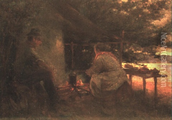 A Camp Fire Scene Oil Painting - Thomas William Roberts