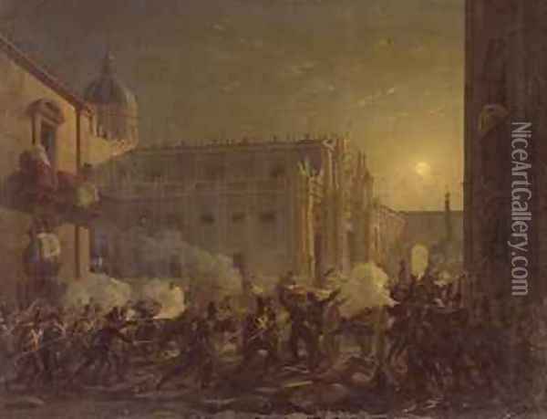 The Burning of Catania after the Towns Conquest by the Bern Regiment in 1849 Oil Painting - Carl Wilhelm Goetzloff