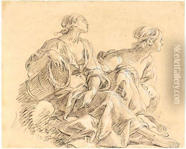 Study Of Two Seated Women, One With Her Arm Resting On A Basket Oil Painting - Joseph Parrocel