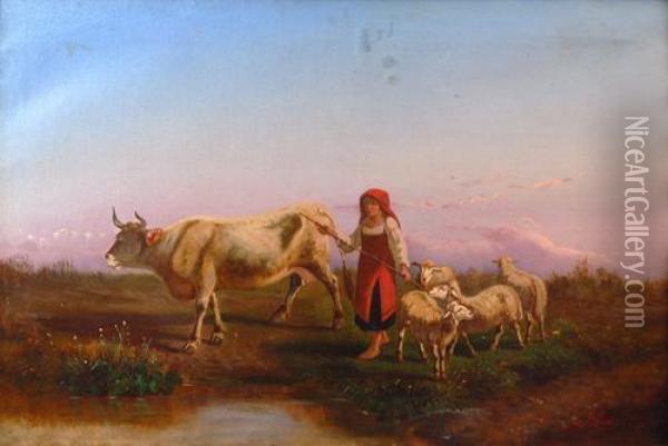 Contadina Con Mucca E Pecore Oil Painting - Antonio Milone